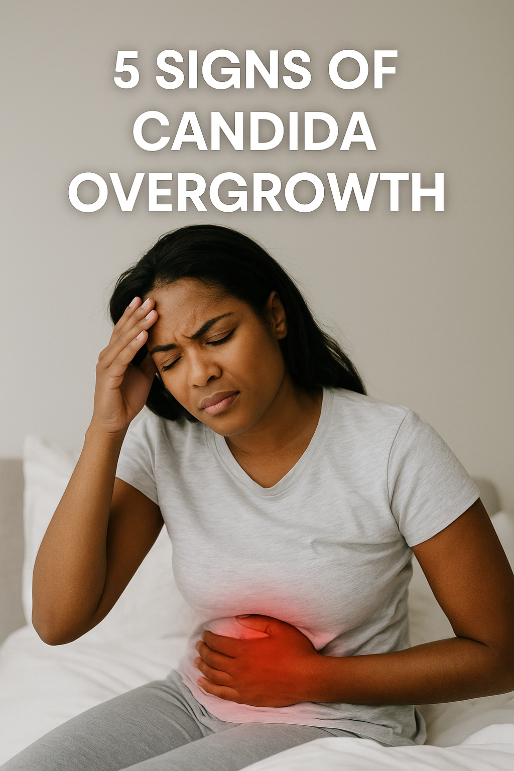 Woman showing signs of candida overgrowth, such as fatigue and skin issues.