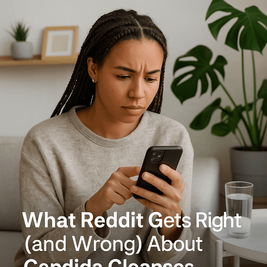 Photo of a young adult browsing Reddit for candida cleanse advice, symbolizing information overload and detox confusion.