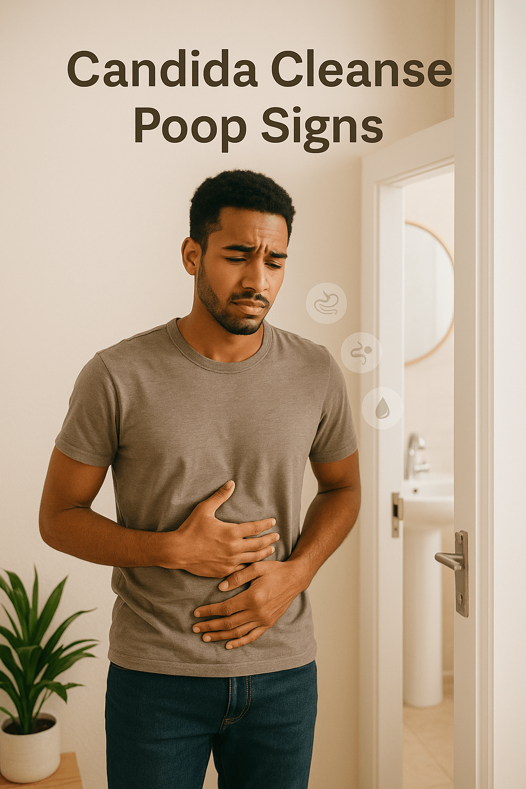 Photo of a concerned young adult near a bathroom, symbolizing physical discomfort and digestive changes during a candida cleanse.